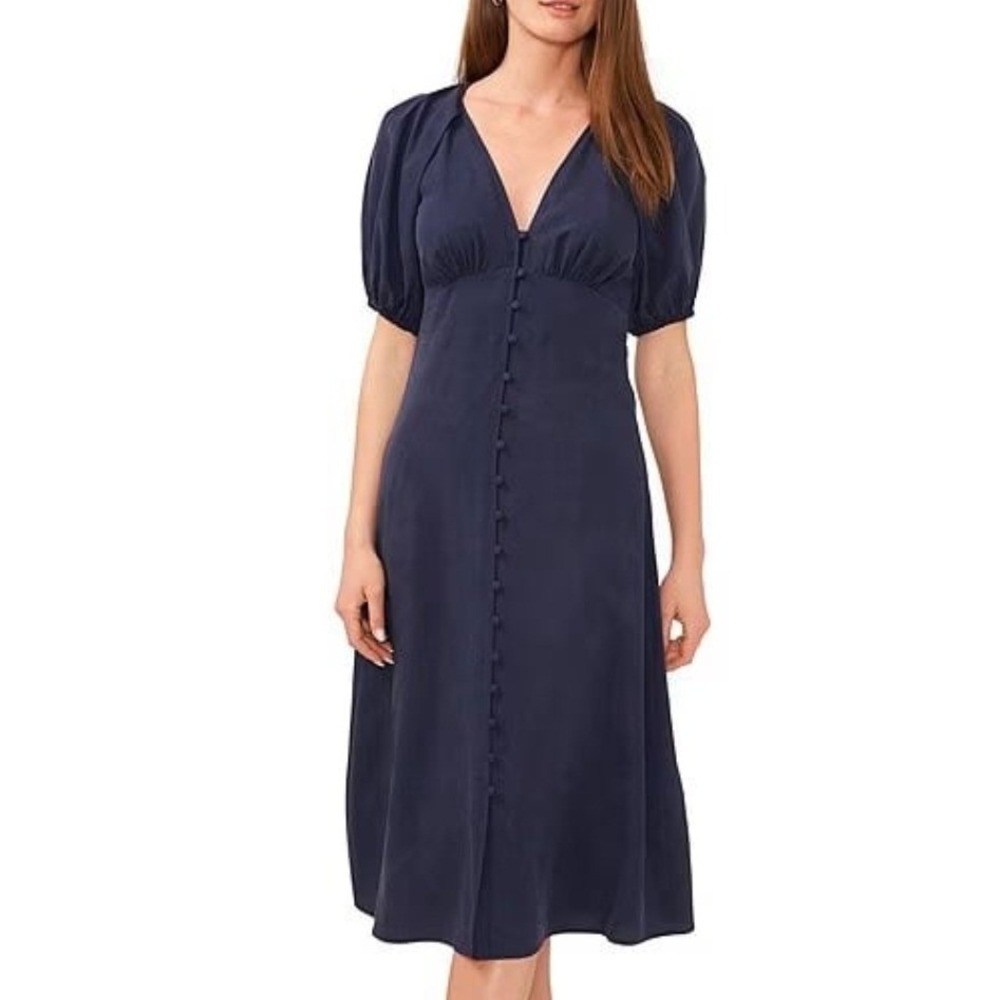 Chelsea & Violet Navy Blue Lyocell Puff Sleeve Button Front Midi Dress Size 6